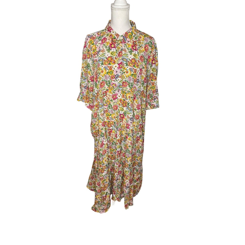 Natural Life Rebecca Floral Tiered Midi Dress XL Rayon Boho Button Front Pockets